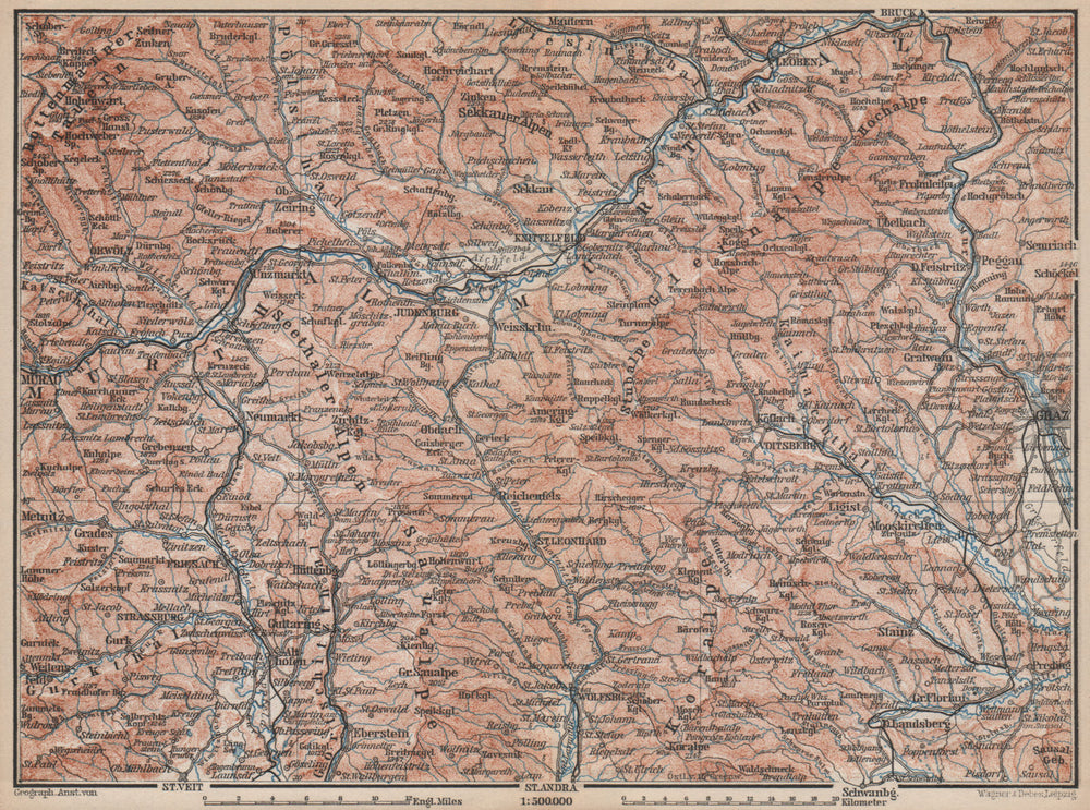 STYRIAN & CARINTHIAN ALPS. Murau Graz Murtal Leoben Wolfsburg. Austria 1896 map