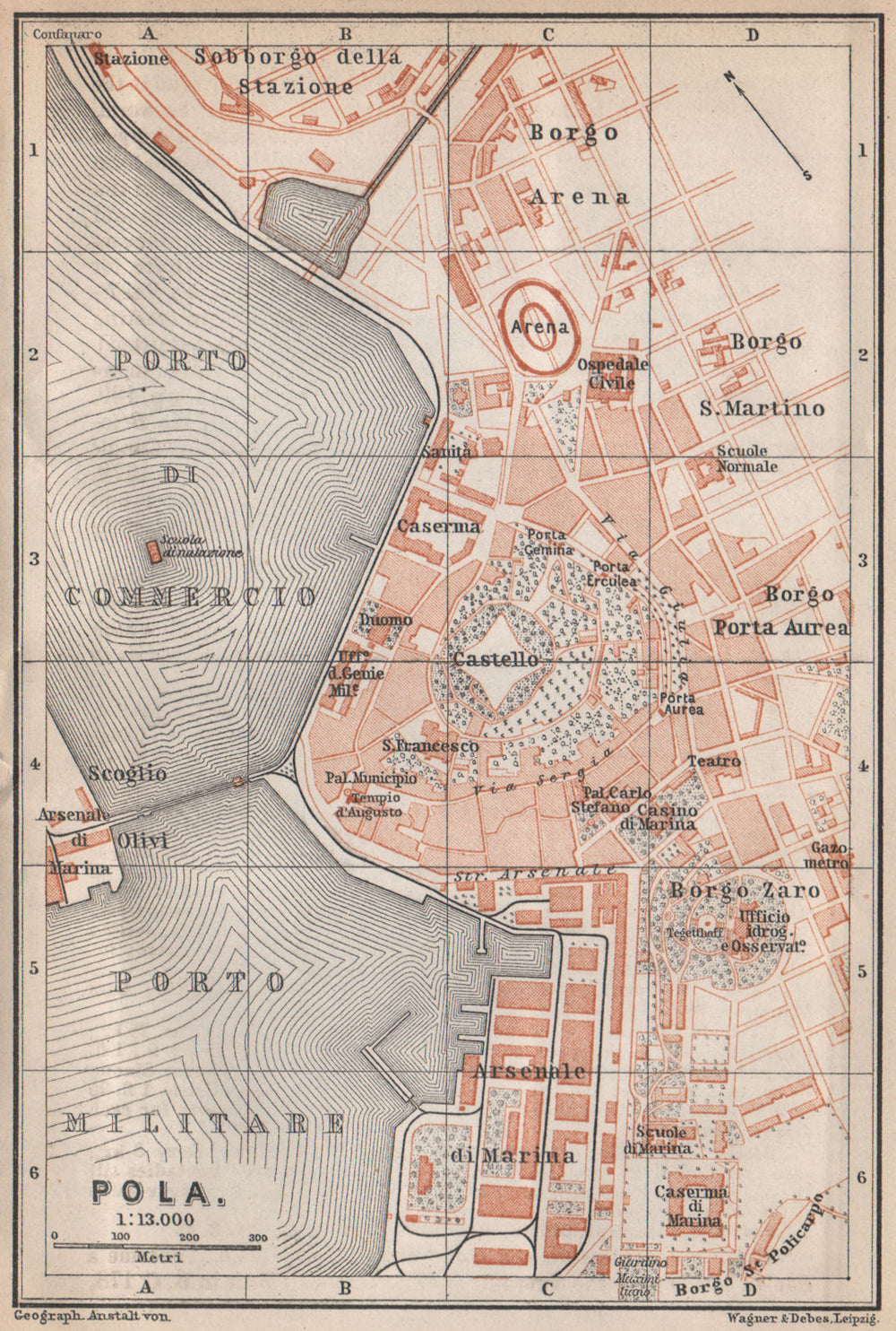 POLA (PULA / POLEI) antique town city plan grada. Croatia karta 1896 old map