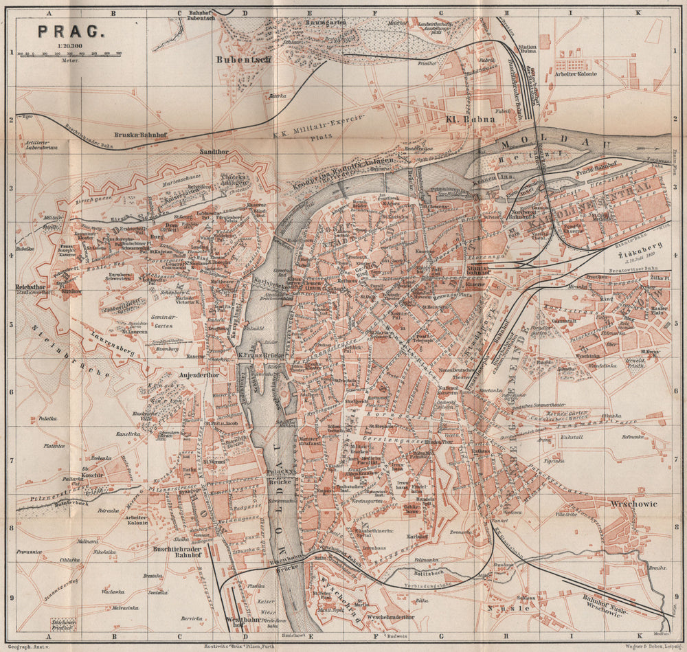 PRAGUE PRAHA PRAG antique town city plan mesta. Czech Republic mapa 1896