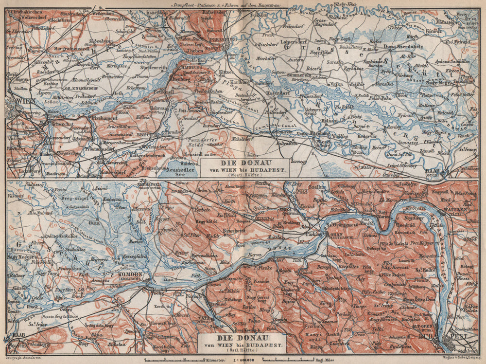 DANUBE DONAU RIVER. Vienna/Wien-Bratislava-Estergom-Vac-Budapest karte 1896 map