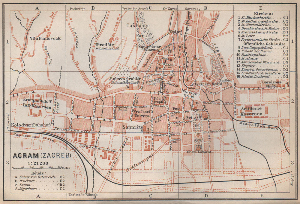 ZAGREB (AGRAM) antique town city plan grada. Croatia karta. BAEDEKER 1896 map