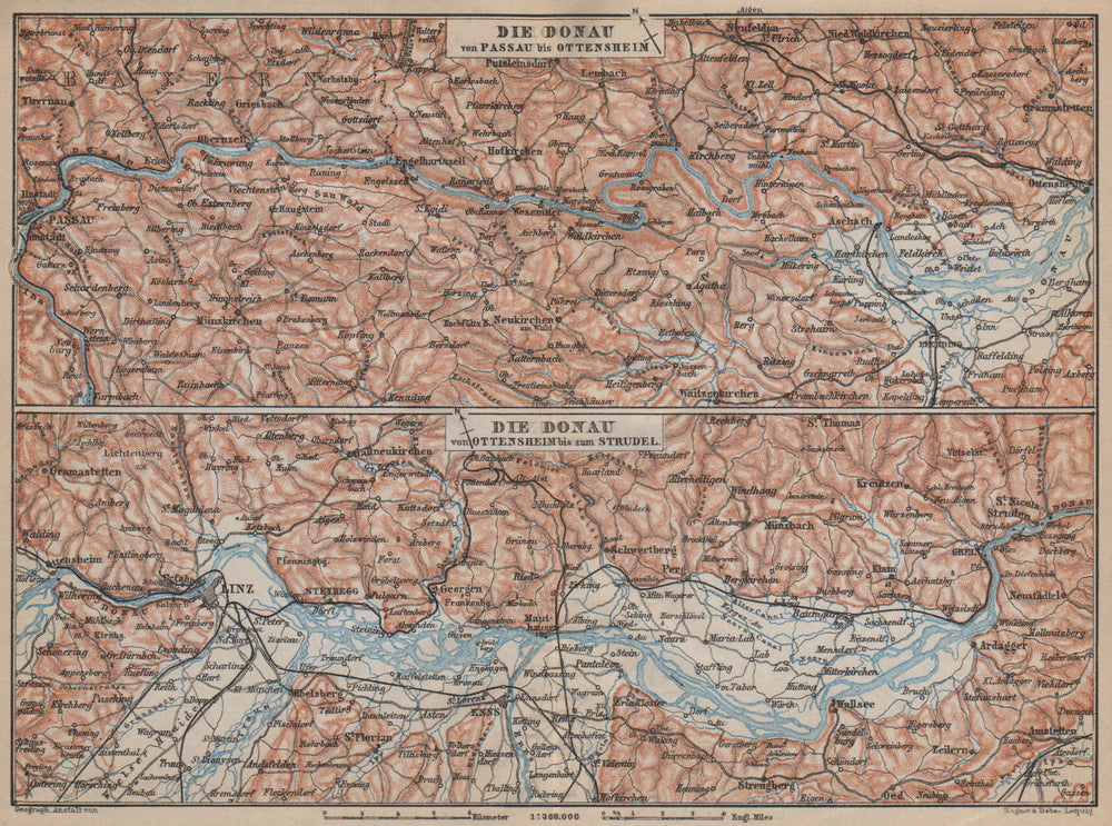 DANUBE DONAU RIVER. Passau-Ottensheim-Linz-Enns-Grein. Austria karte 1905 map