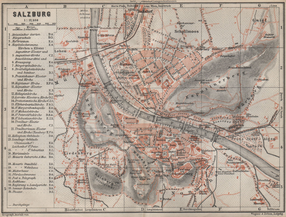 SALZBURG antique town city plan stadtplan. Austria Österreich karte 1905 map