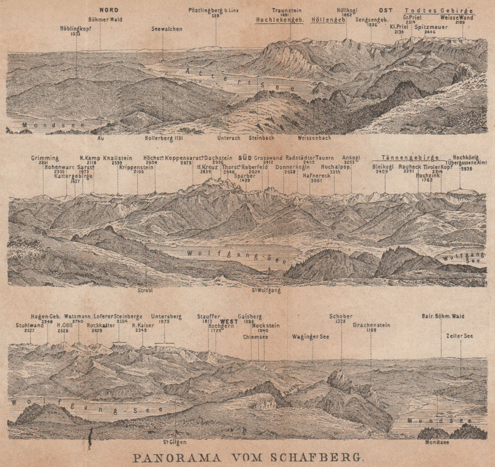 PANORAMA VOM SCHAFBERG, Salzkammergut. Austria Österreich karte 1905 old map