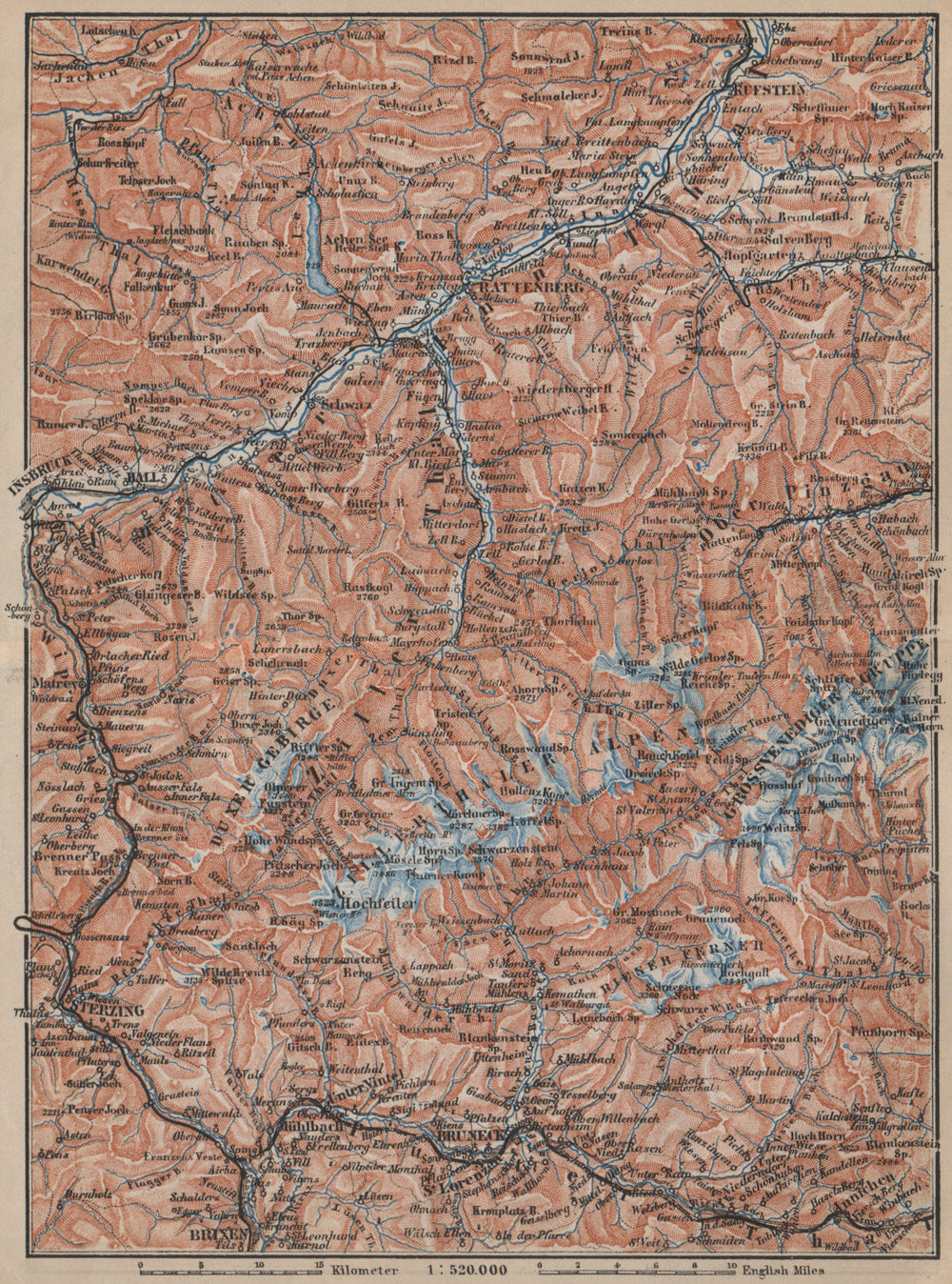 ZILLERTHAL/PUSTERTHAL. Igls Mayrhofen Söll Gerlos Oberau Brixen Fügen 1905 map