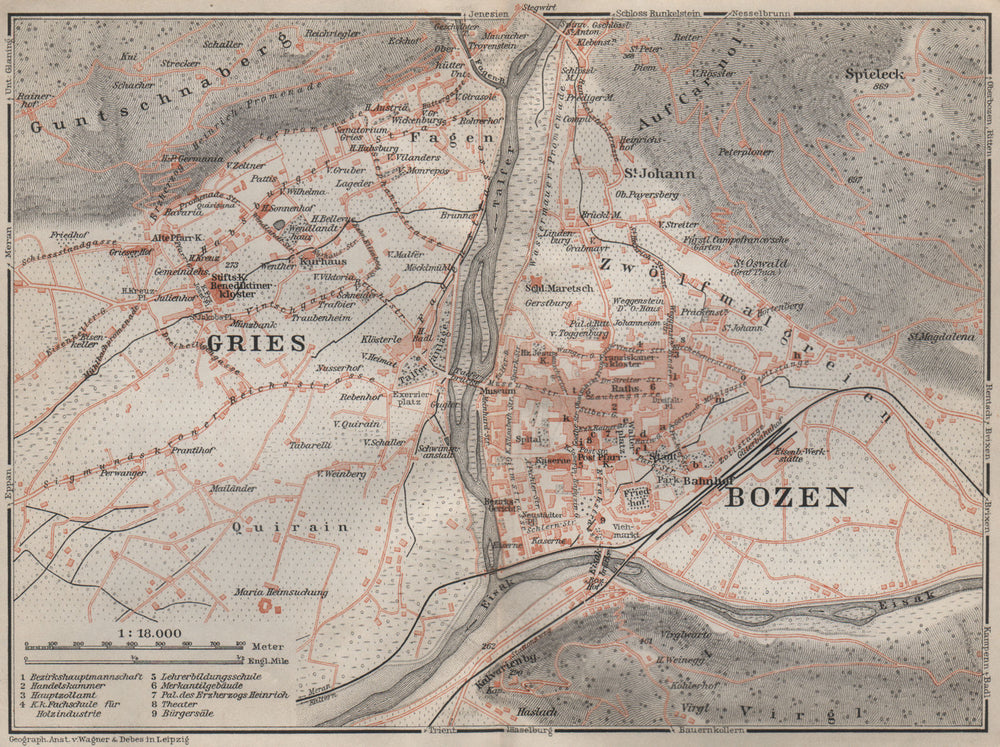 BOLZANO (BOZEN) environs. Gries. town city plan. Italy mappa. BAEDEKER 1905