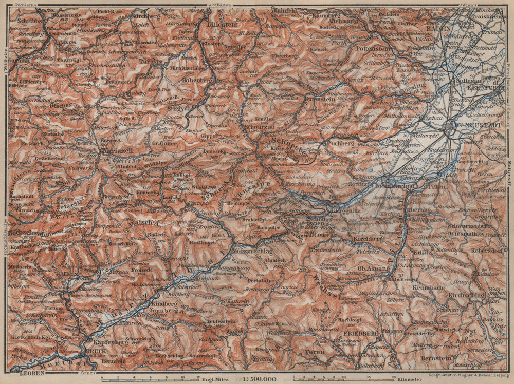 SEMMERING & MARIAZELL environs. Mürztal Styria Baden bei Wien Austria 1905 map