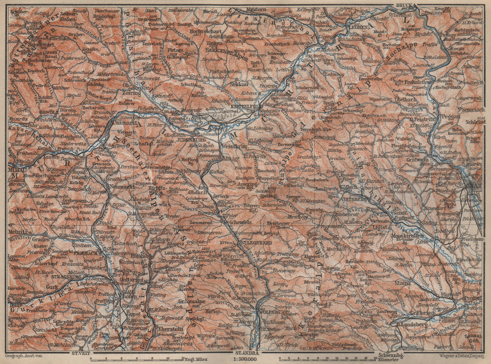 STYRIAN & CARINTHIAN ALPS. Murau Graz Murtal Leoben Wolfsburg. Austria 1905 map