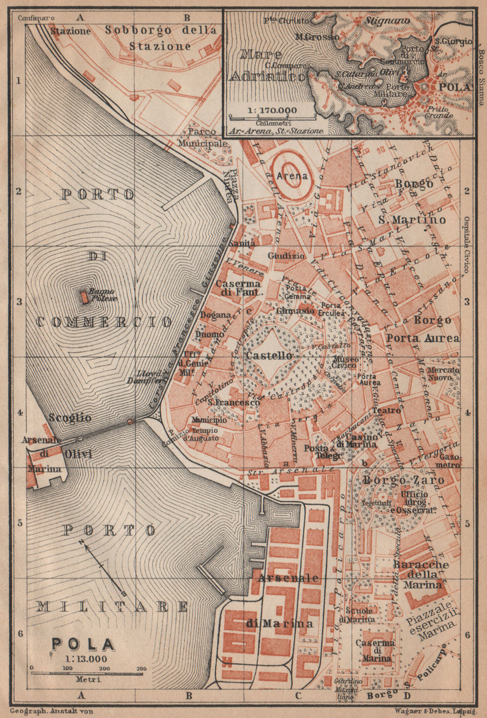POLA (PULA / POLEI) antique town city plan grada. Croatia karta 1905 old map