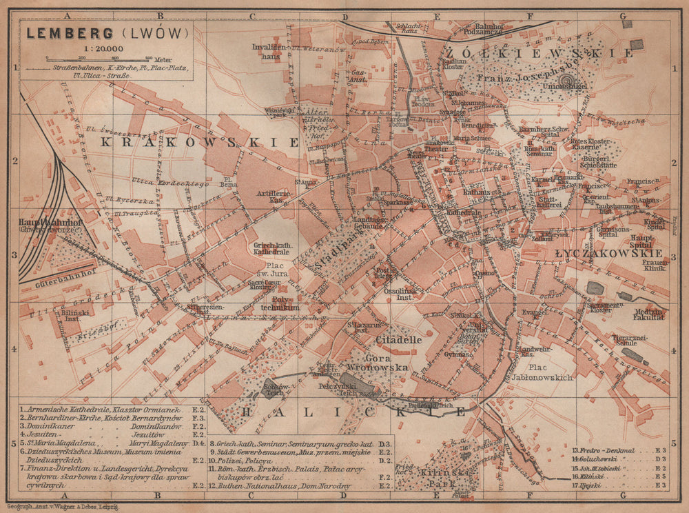 LVIV (LEMBERG LWOW LVOV) antique town city plan. Ukraine. BAEDEKER 1905 map