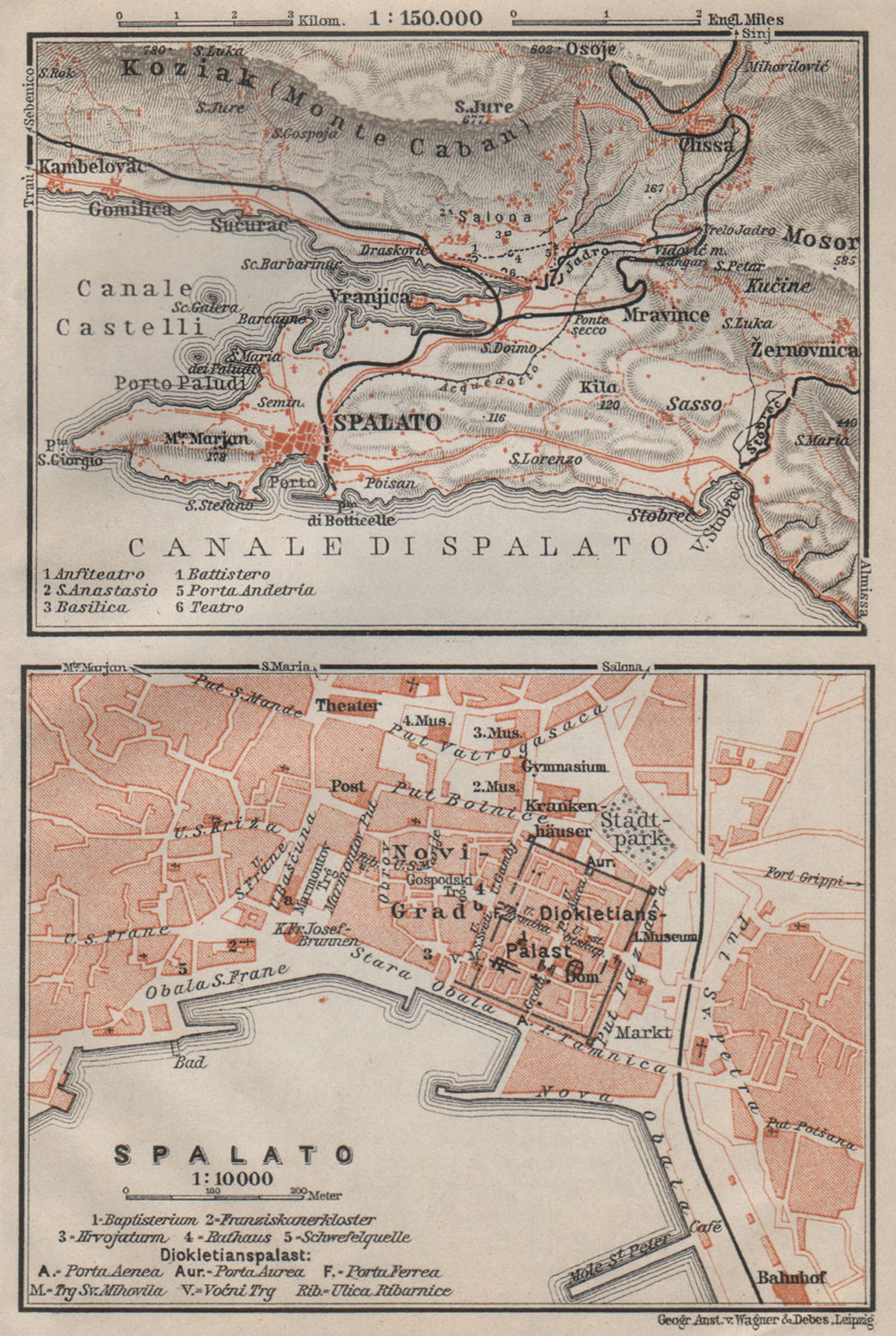 Printable Map Split SPLIT (SPALATO) antique town city plan & environs. Croatia karta 1905 ...