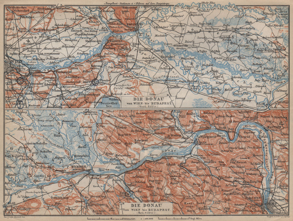 DANUBE DONAU RIVER. Vienna/Wien-Bratislava-Estergom-Vac-Budapest karte 1905 map