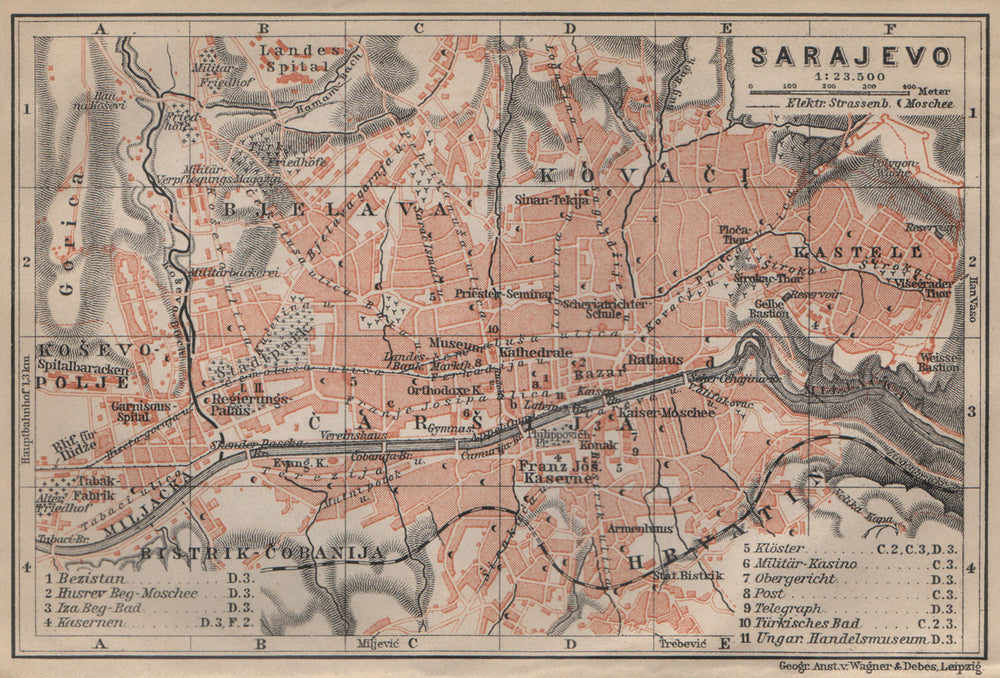 SARAJEVO antique town city plan. Bosnia Herzegovina karta. BAEDEKER 1905 map