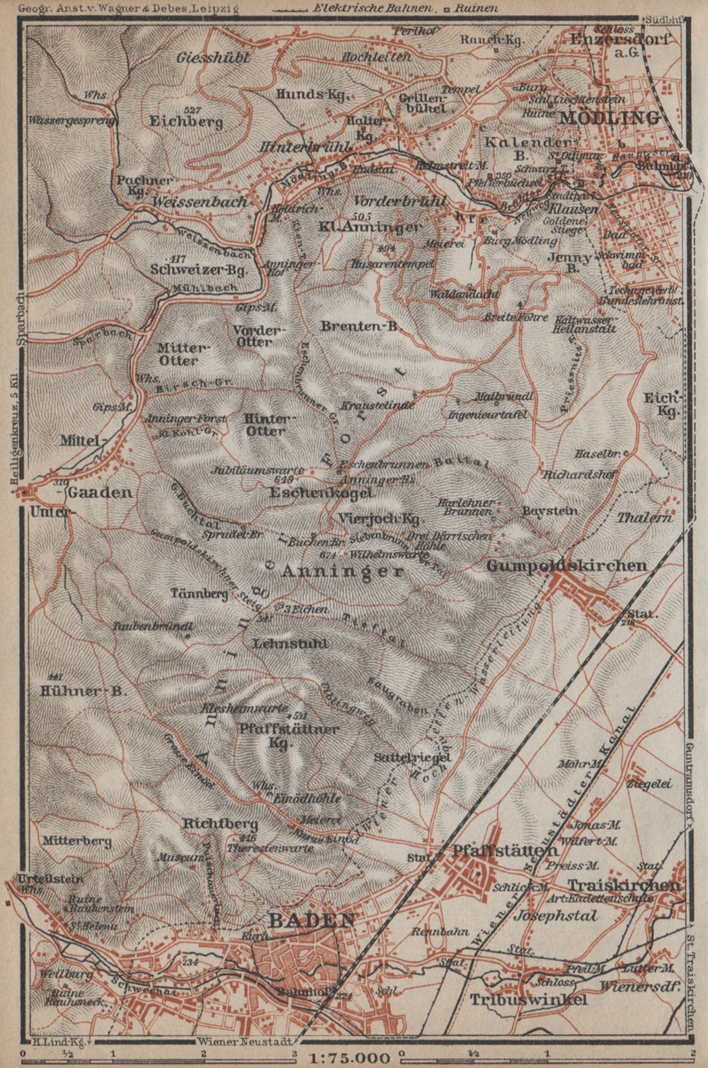 MODLING & BADEN BEI WIEN area. Pfafstatten Hinterbruhl Gumpoldskirchen 1929 map