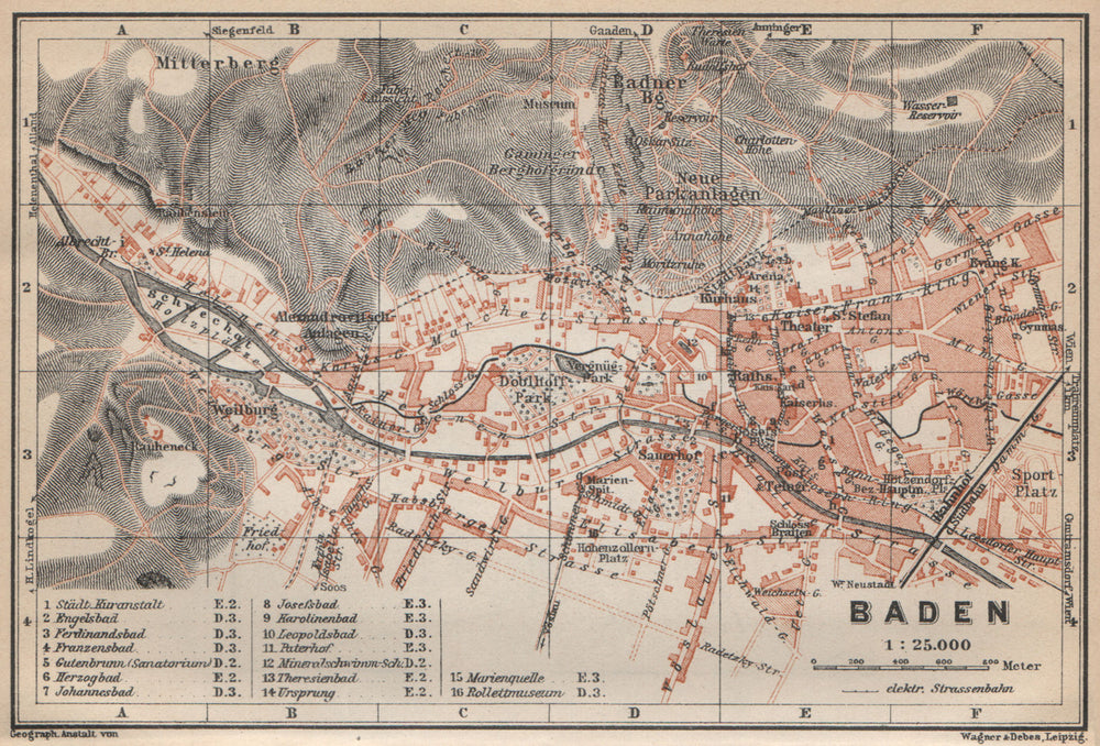 BADEN BEI WIEN /nr Vienna town city plan stadtplan. Austria Österreich 1929 map