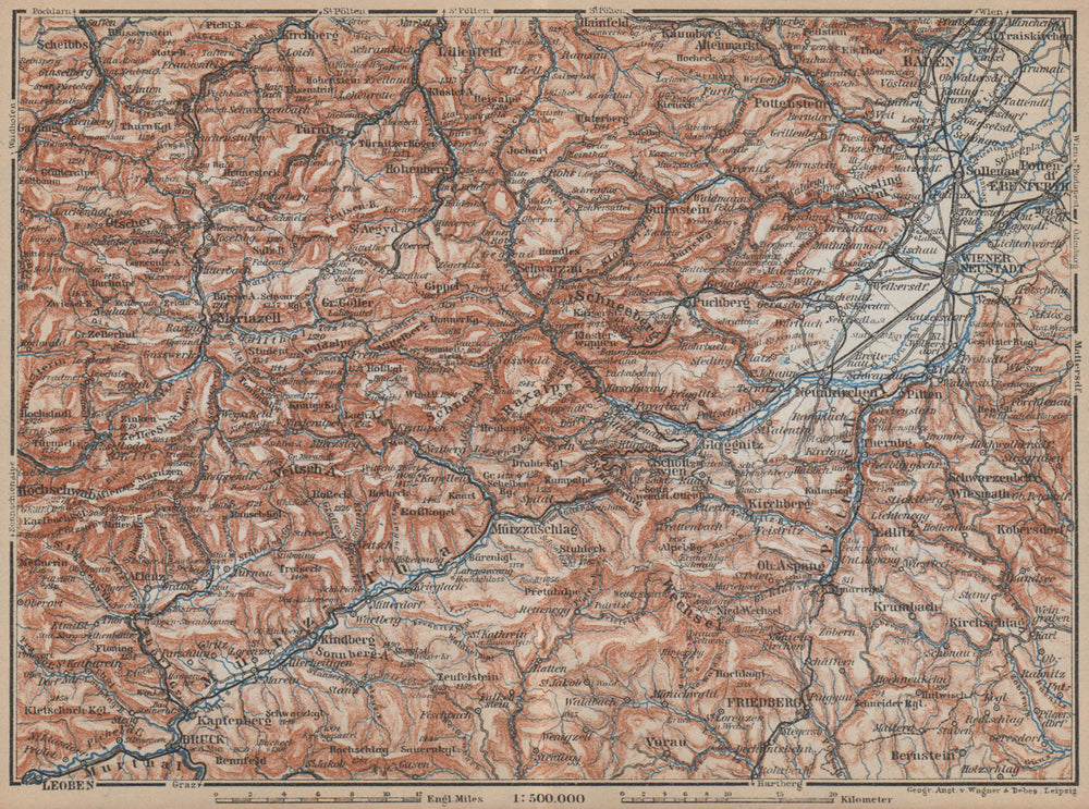 SEMMERING & MARIAZELL environs. Mürztal Styria Baden bei Wien Austria 1929 map