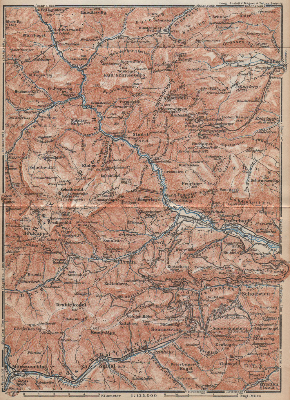 LOWER AUSTRIA. Schwarza (Leitha) river. Semmering Schneeberg Raxalpe 1929 map