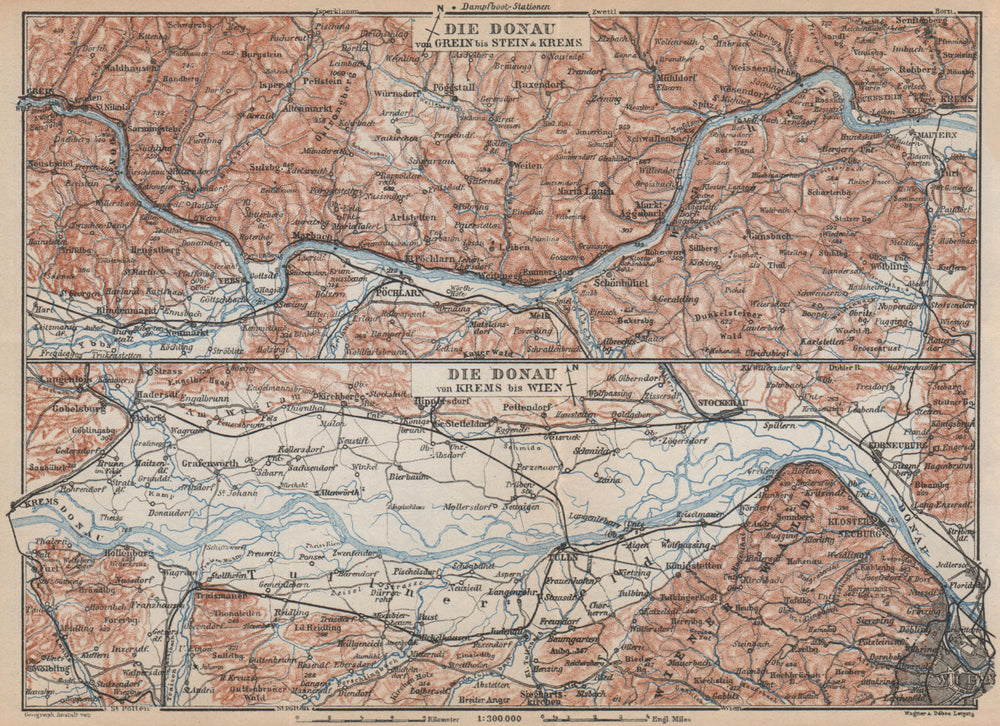 DANUBE DONAU RIVER. Grein-Ybbs-Pochlarn-Melk-Spitz-Krems. Austria 1929 old map