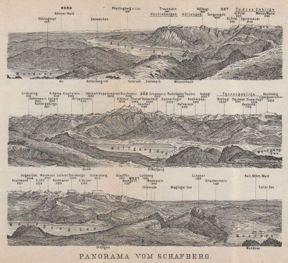 PANORAMA VOM SCHAFBERG, Salzkammergut. Austria Österreich karte 1929 old map