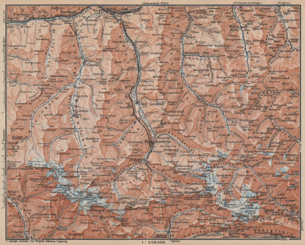 HOHE TAUERN & GASTEINER TAL Ankogelgruppe Goldberggruppe Bad Gastein 1929 map
