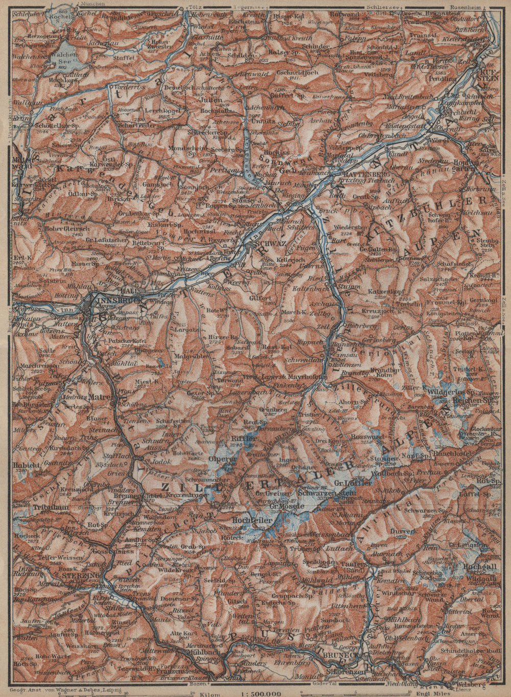 ZILLERTHAL/PUSTERTHAL. Igls Mayrhofen Söll Gerlos Oberau Brixen Fügen 1929 map