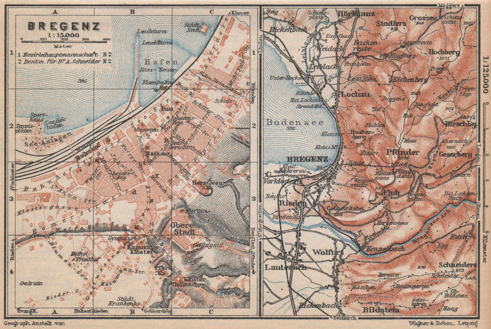BREGENZ town city stadtplan and environs. Österreich Austria karte 1929 map
