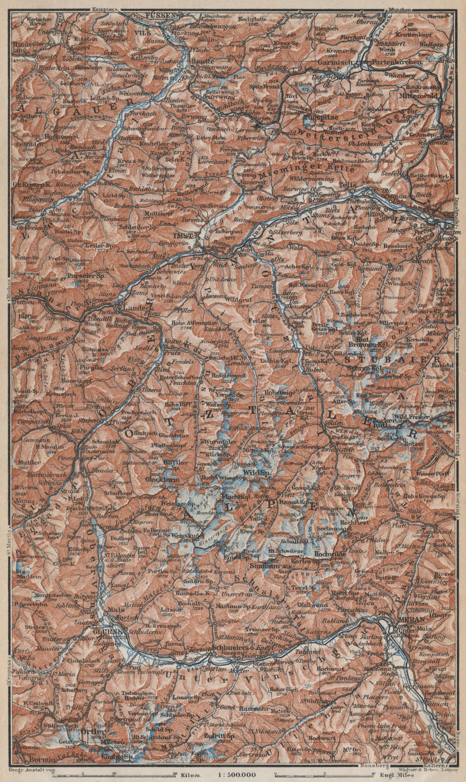 TYROL/ UPPER INNTHAL ÖTZTHALER ORTLER STUBAIER ALPEN topo-map. Austria 1929