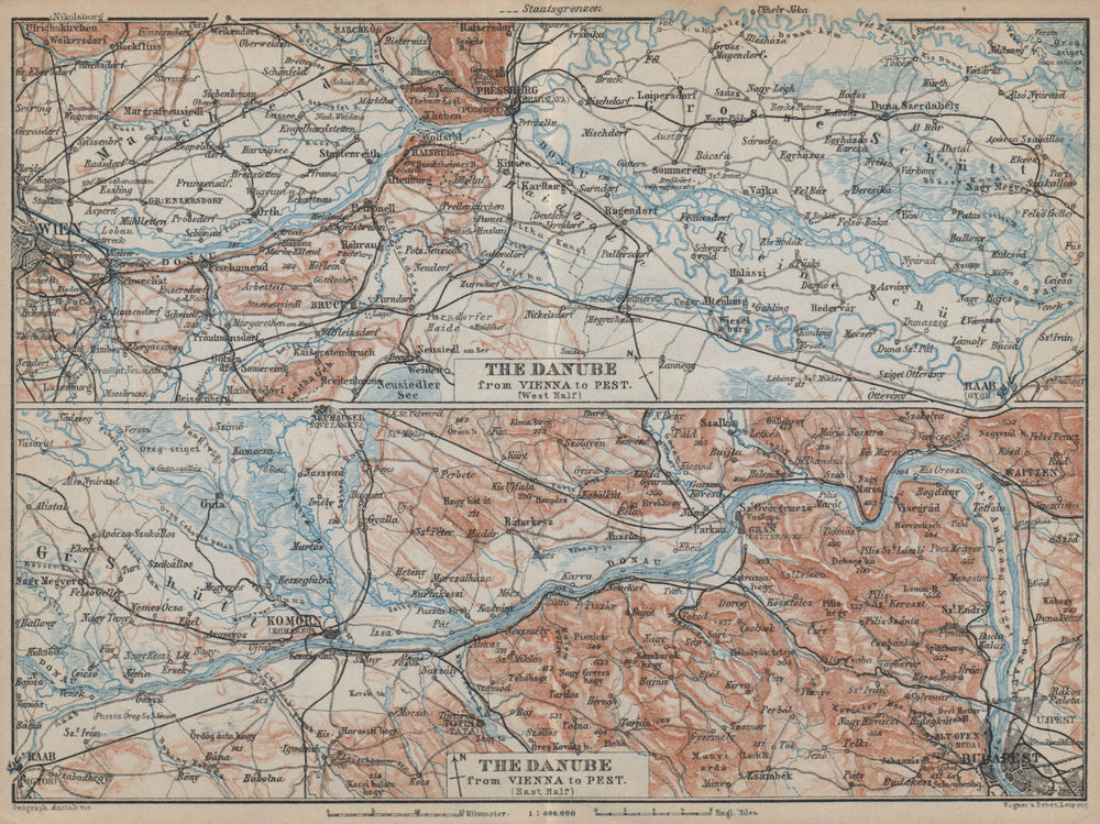 DANUBE DONAU RIVER. Vienna/Wien-Bratislava-Estergom-Vac-Budapest karte 1929 map