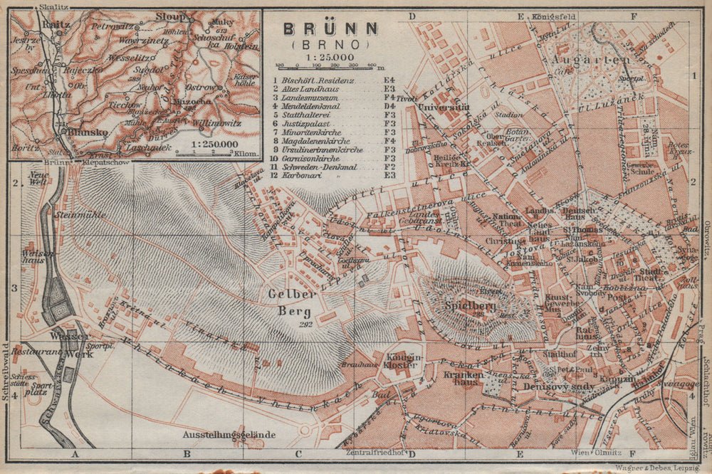 Brunn Map BRNO (BRUNN BRÜNN) vintage town city plan mesta. Czech Republic mapa ...
