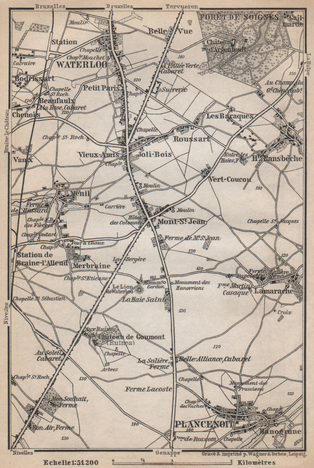 THE BATTLEFIELD OF WATERLOO. Plancenoit. Belgium carte. BAEDEKER 1897 old map