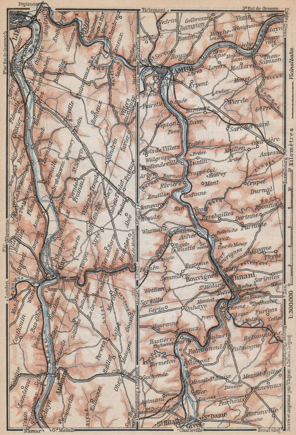 MEUSE/MAAS RIVER. Givet-Liège-Namur-Dinant. Belgium carte. BAEDEKER 1897 map