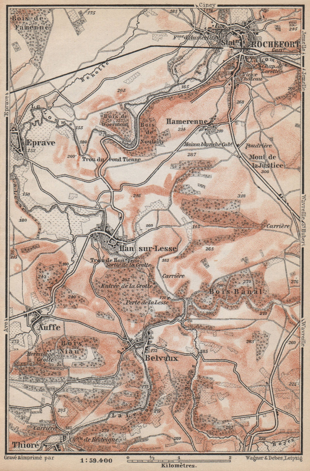 ROCHEFORT & HAN-SUR-LESSE environs. Auffe Belvaux Eprave. Belgium 1897 old map
