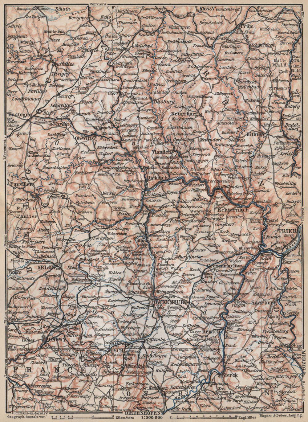 THE GRAND-DUCHY OF LUXEMBURG LUXEMBOURG topo-map carte. BAEDEKER 1897 old