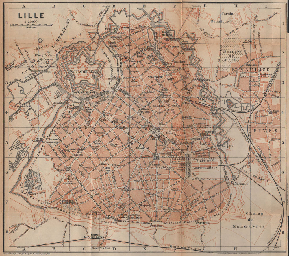 LILLE antique town city plan de la ville. Nord. France carte. BAEDEKER 1901 map