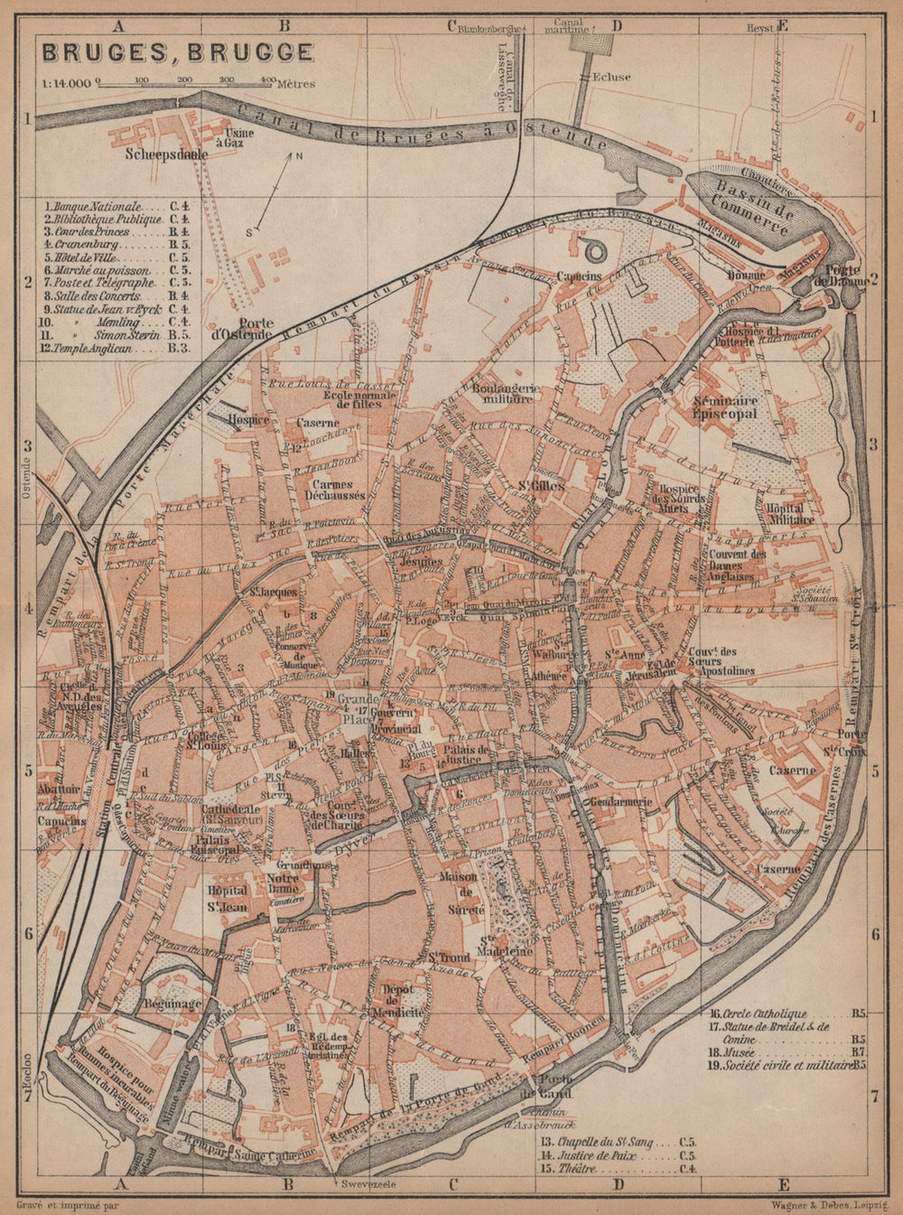 BRUGES BRUGGE antique town city plan. Belgium carte. BAEDEKER 1901 old map