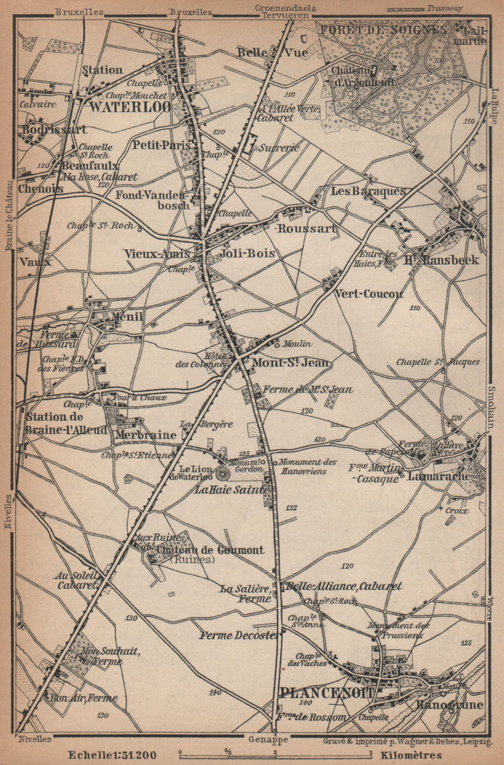 THE BATTLEFIELD OF WATERLOO. Plancenoit. Belgium carte. BAEDEKER 1901 old map