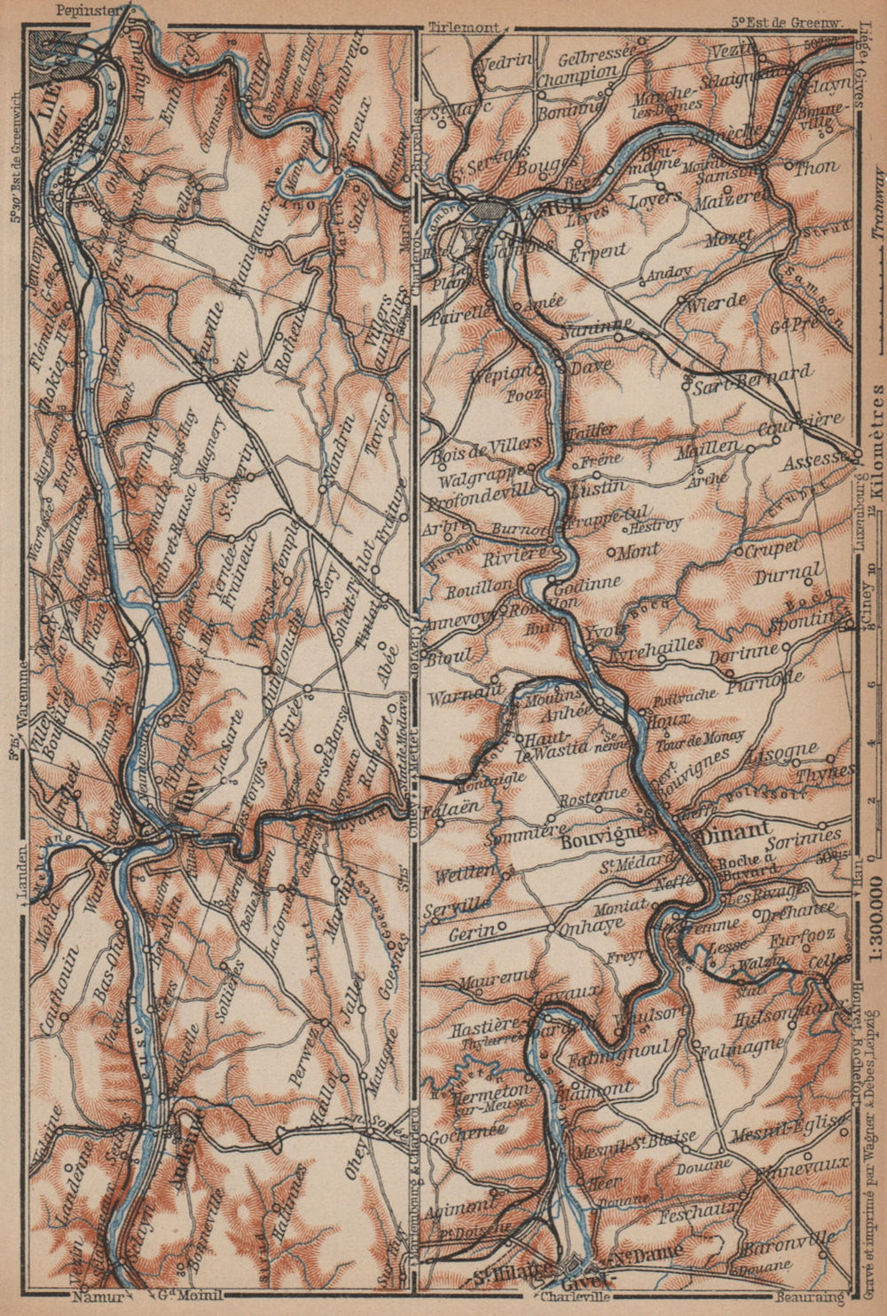 MEUSE/MAAS RIVER. Givet-Liège-Namur-Dinant. Belgium carte. BAEDEKER 1901 map
