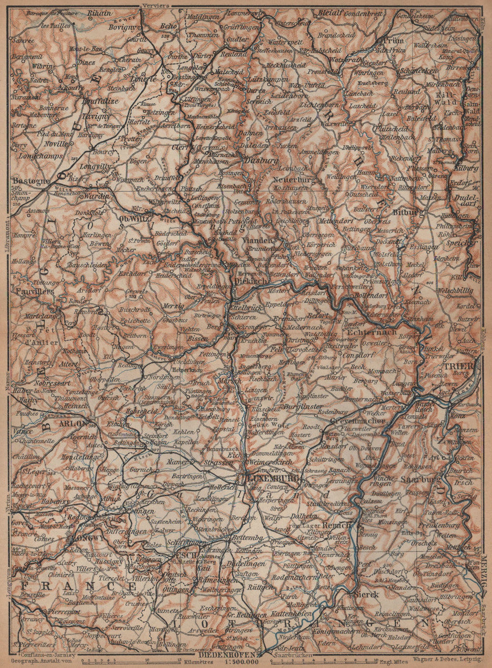 THE GRAND-DUCHY OF LUXEMBURG LUXEMBOURG topo-map carte. BAEDEKER 1901 old