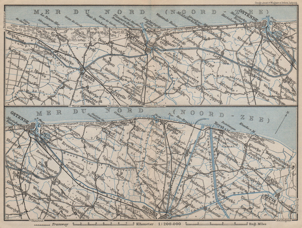 BELGIAN NORTH SEA COAST. Bruges Ostende Niuewpoort Noord-Zee. Belgium 1905 map
