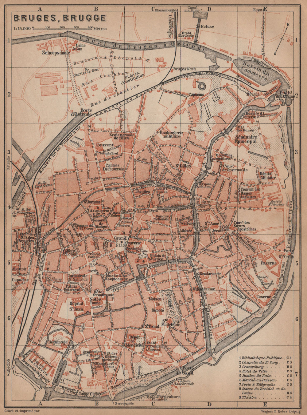 BRUGES BRUGGE antique town city plan. Belgium carte. BAEDEKER 1905 old map