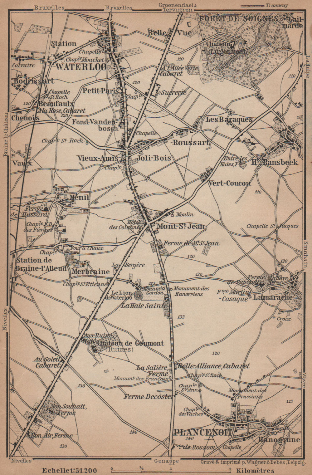THE BATTLEFIELD OF WATERLOO. Plancenoit. Belgium carte. BAEDEKER 1905 old map