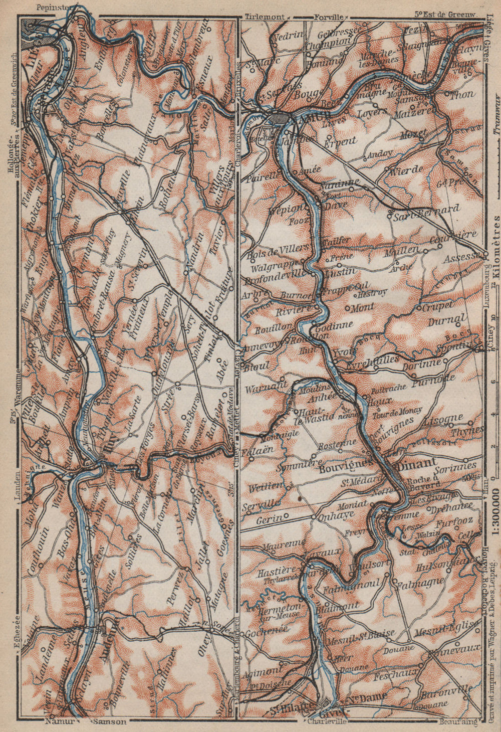 MEUSE/MAAS RIVER. Givet-Liège-Namur-Dinant. Belgium carte. BAEDEKER 1905 map