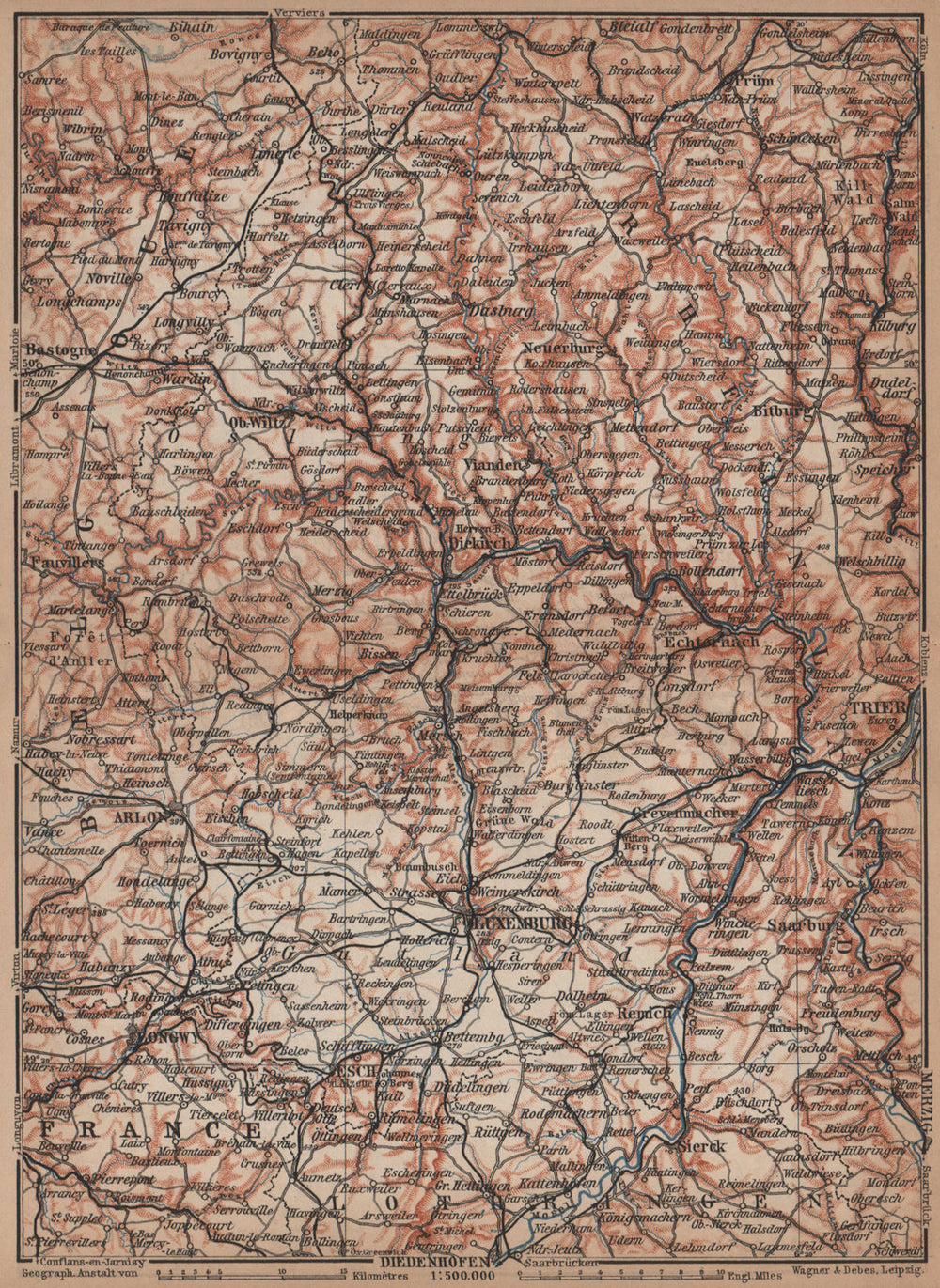 THE GRAND-DUCHY OF LUXEMBURG LUXEMBOURG topo-map carte. BAEDEKER 1905 old