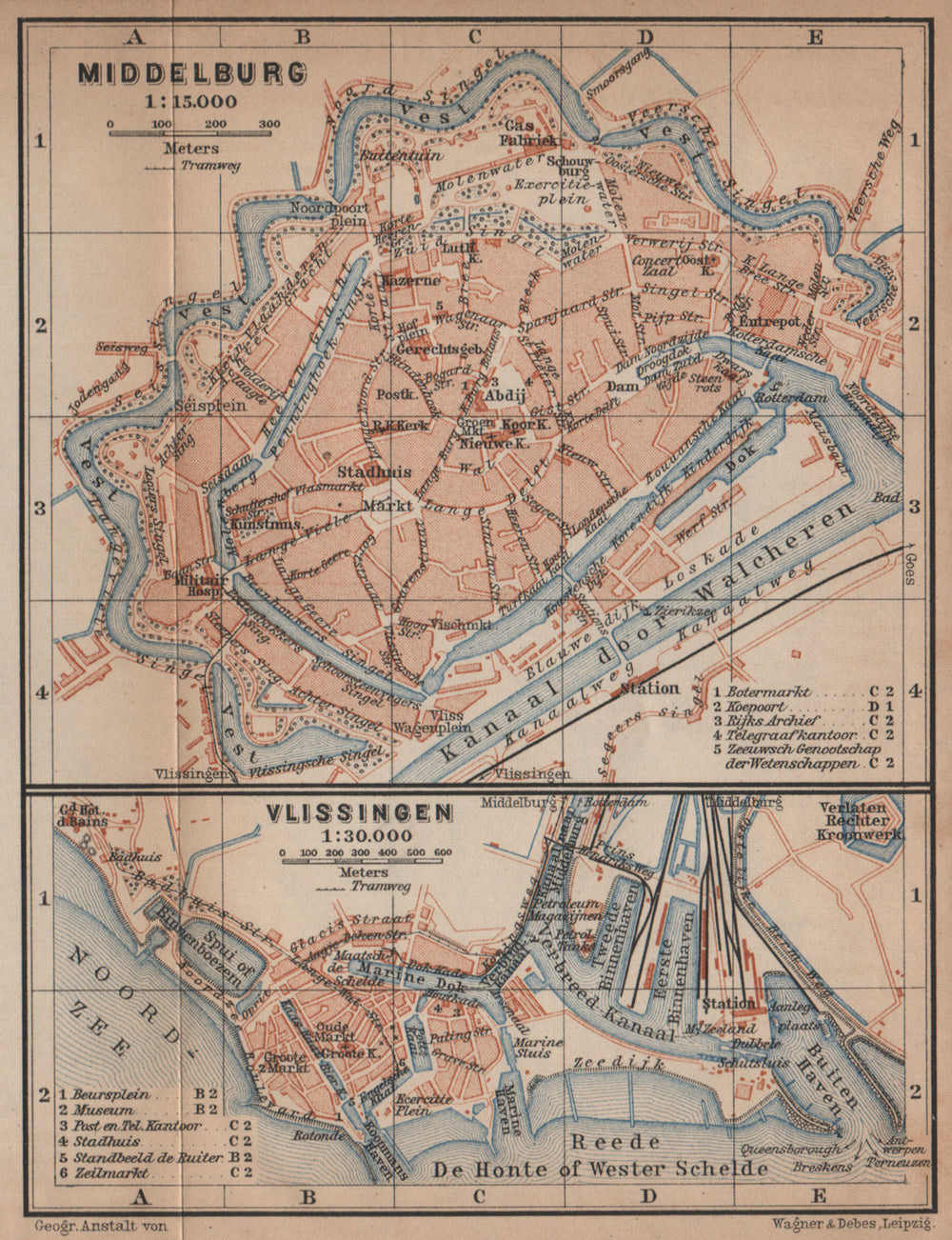 MIDDELBURG & VLISSINGEN town city stadsplans. Flushing. Netherlands 1905 map