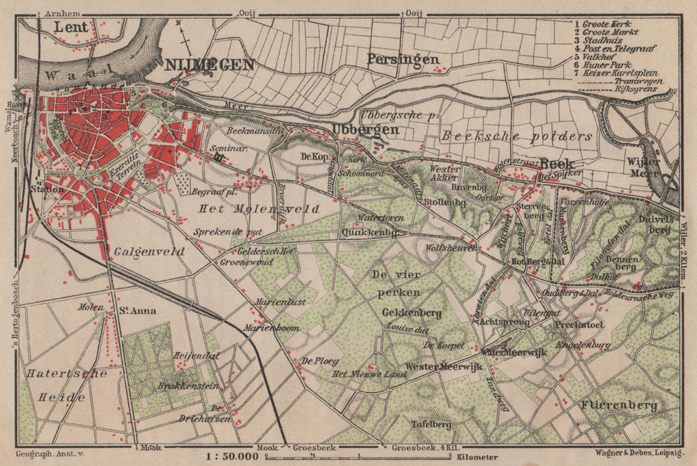 NIJMEGEN environs. Beek Ubbergen Lent. Netherlands kaart. BAEDEKER 1905 map