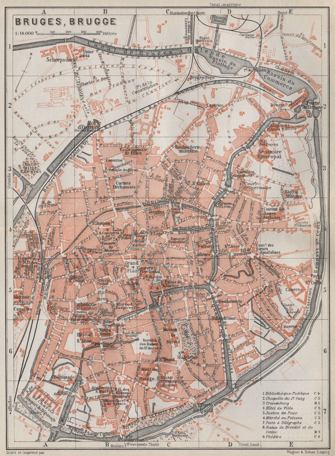 BRUGES BRUGGE antique town city plan. Belgium carte. BAEDEKER 1910 old ...