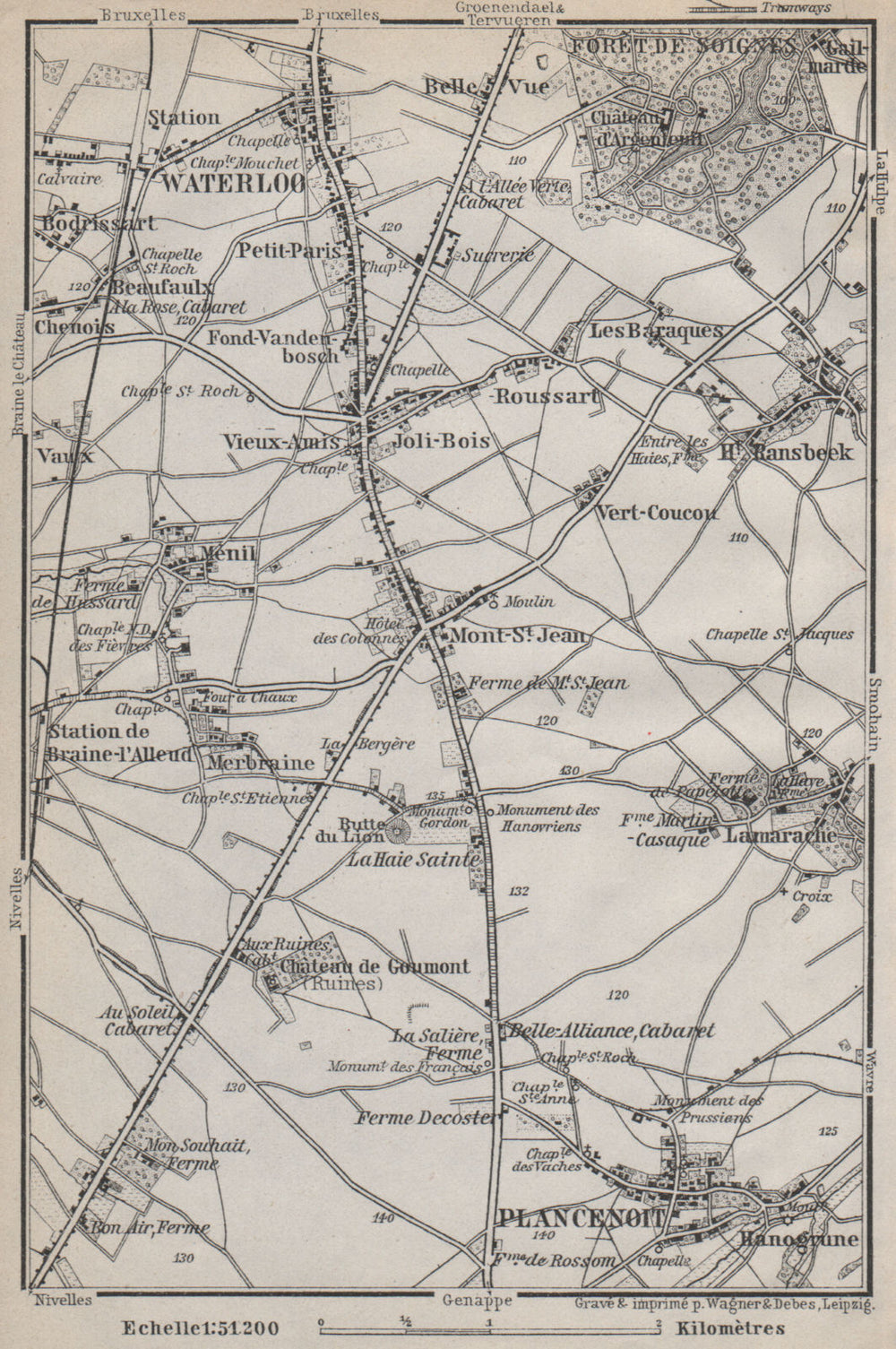 THE BATTLEFIELD OF WATERLOO. Plancenoit. Belgium carte. BAEDEKER 1910 old map