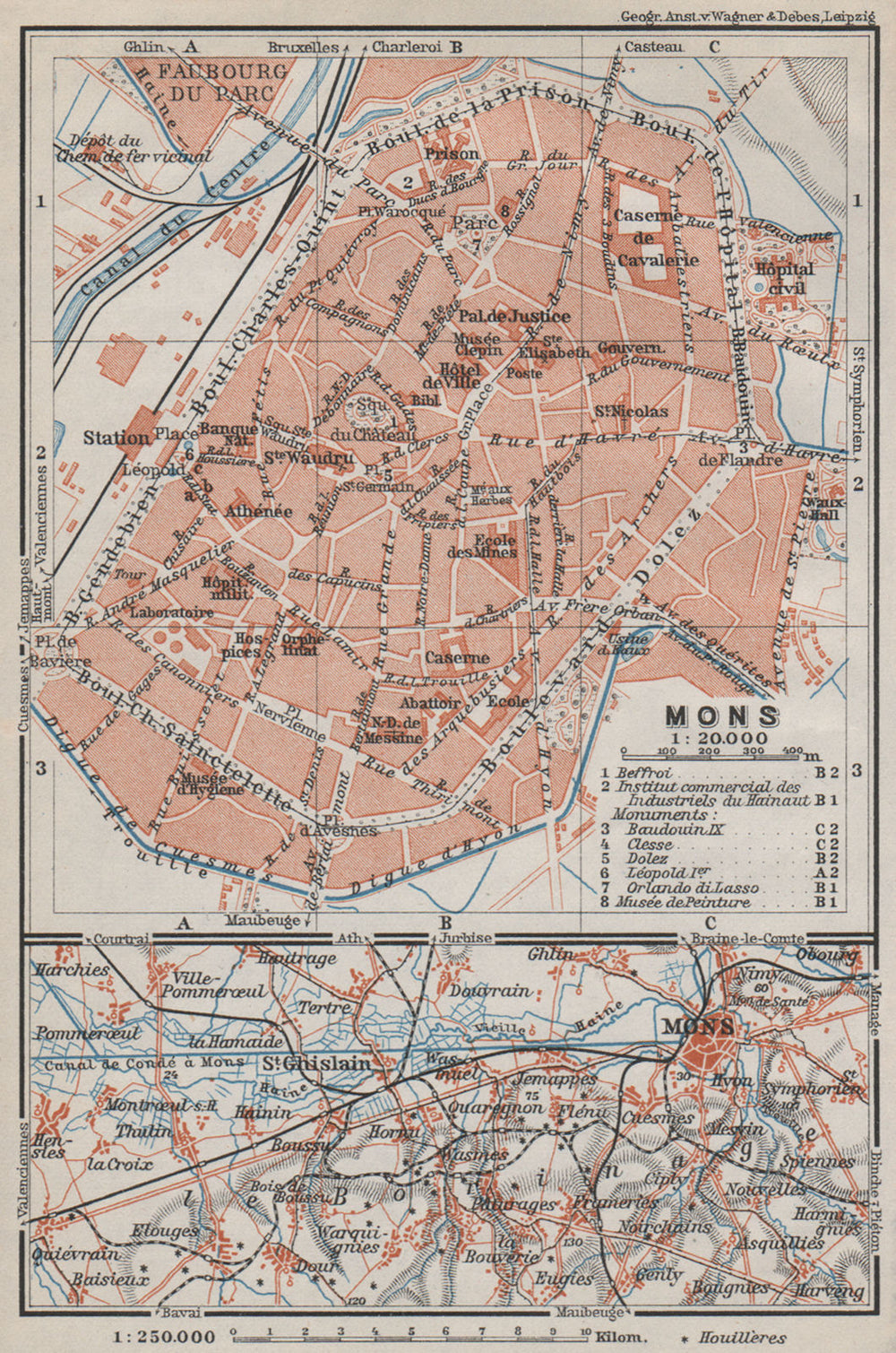 MONS antique town city plan & environs. St Ghislain. Belgium carte 1910 map