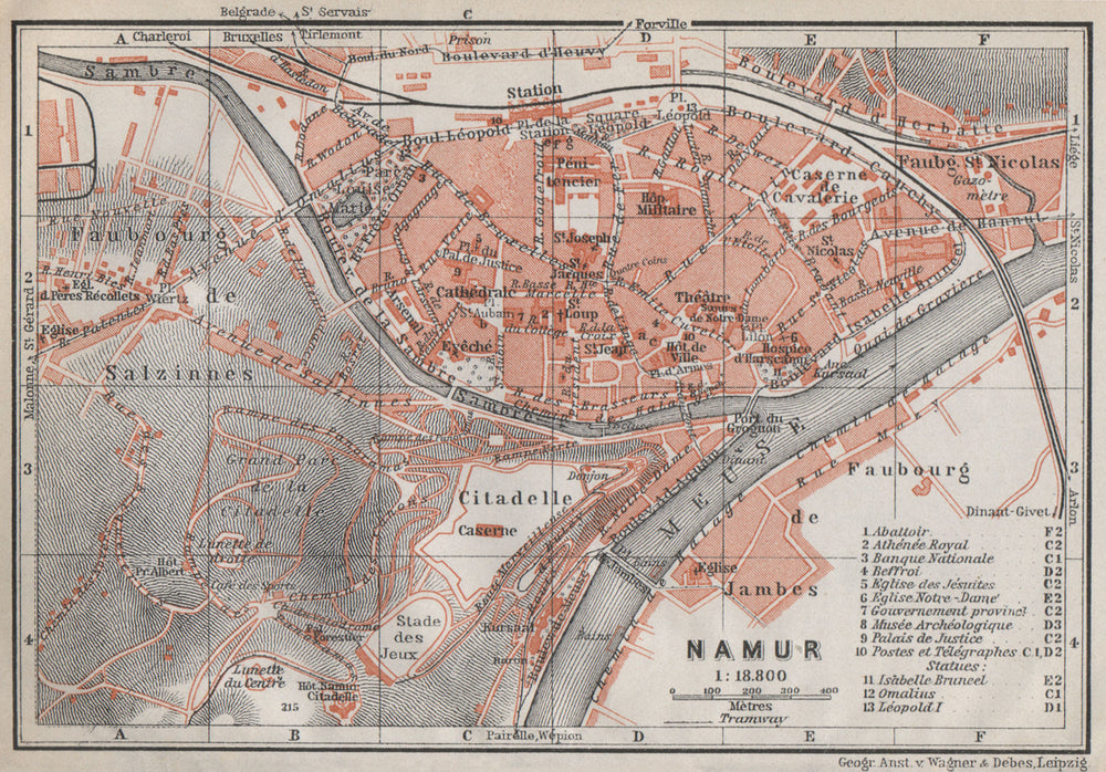 NAMUR NAMEN NAMEUR antique town city plan. Belgium carte. BAEDEKER 1910 map