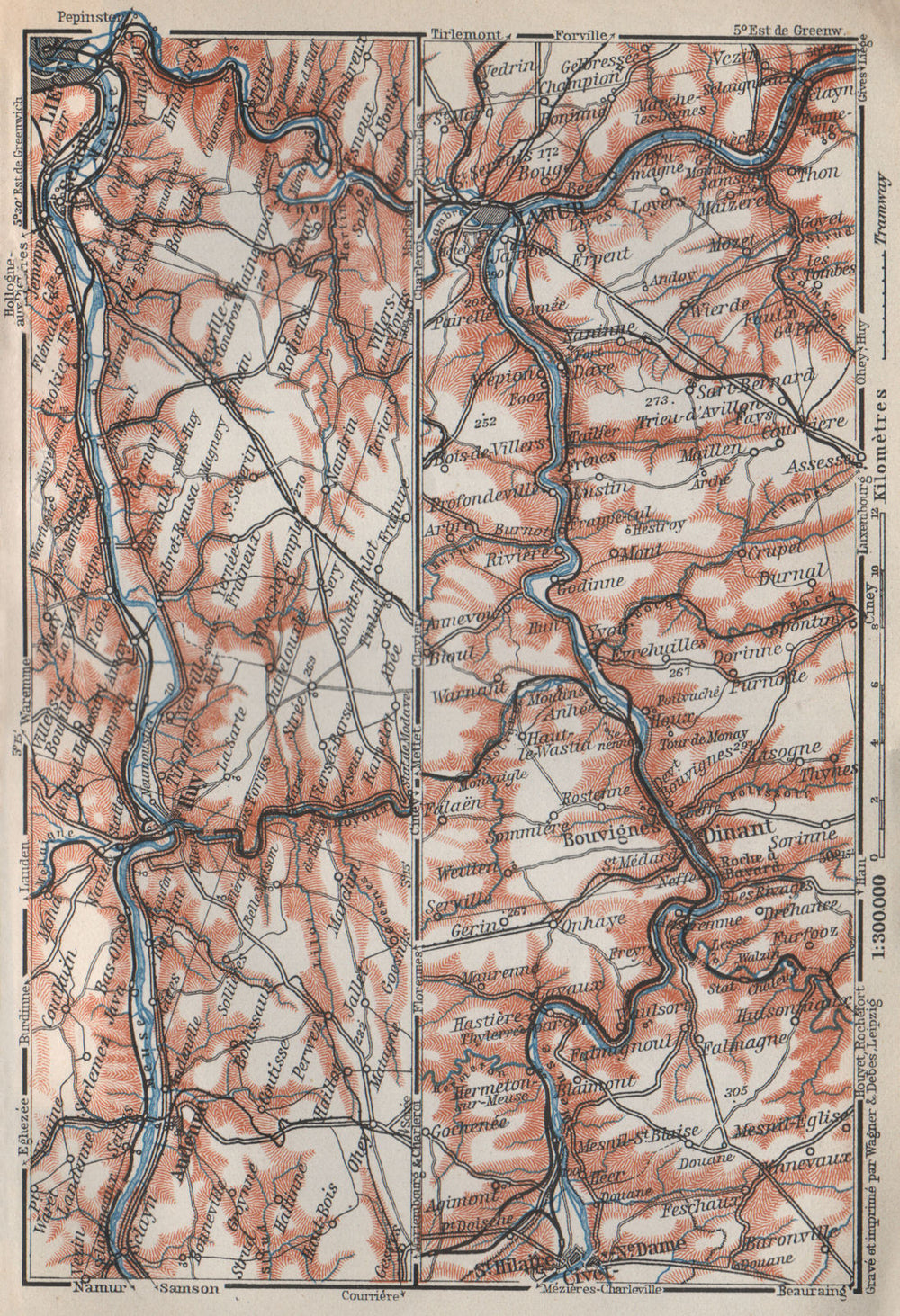 MEUSE/MAAS RIVER. Givet-Liège-Namur-Dinant. Belgium carte. BAEDEKER 1910 map